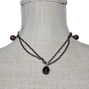 Layered Chain‎ Necklace with Faceted Bead and Skull Accents, Bronze Tone